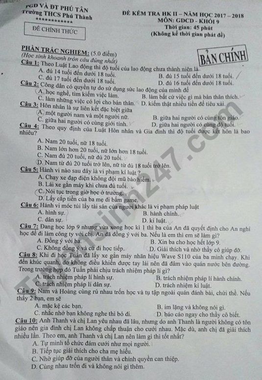 De thi ki 2 lop 9 mon GDCD 2018 - THCS Phu Thanh