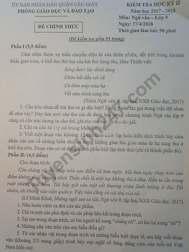 De thi ki 2 lop 9 mon Van - Quan Cau Giay 2018