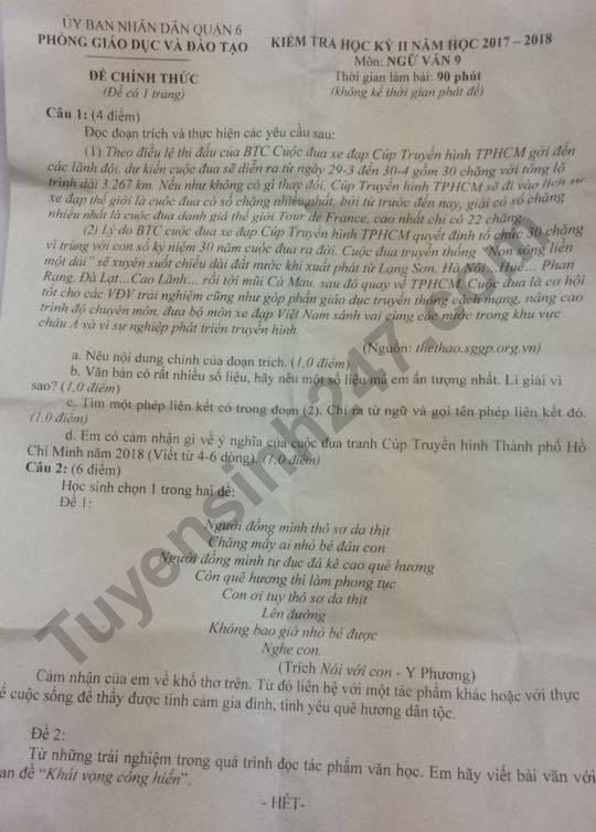 De thi hoc ki 2 mon Van lop 9 - Quan 6 nam 2018