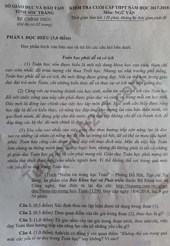 De thi hoc ki 2 lop 12 mon Van nam 2018 - So GD Soc Trang