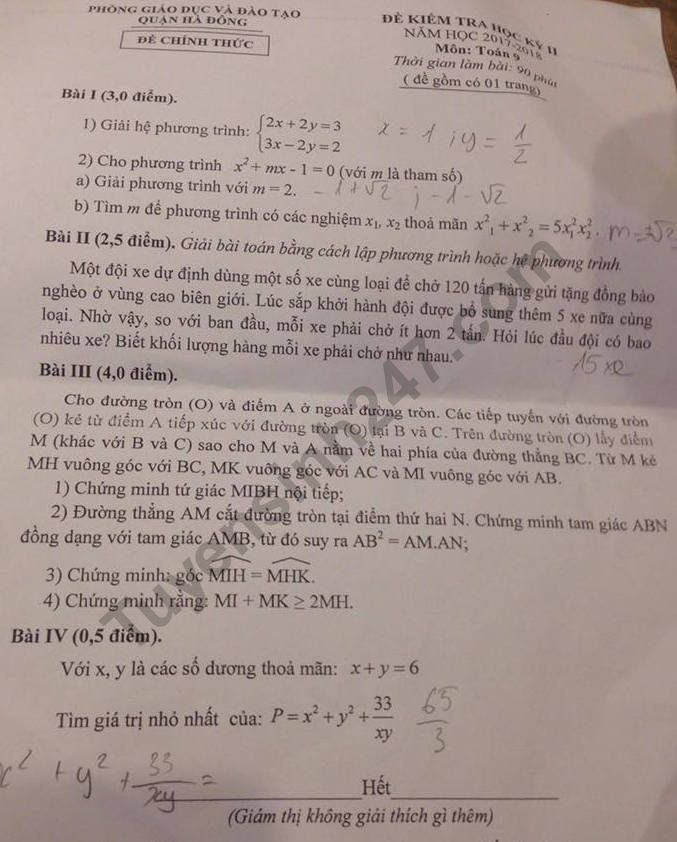 De thi hoc ki 2 lop 9 mon Toan 2018 - Quan Ha Dong