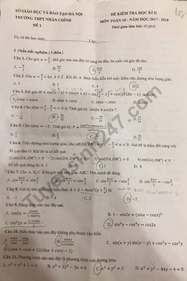 De thi hoc ki 2 lop 10 mon Toan 2018 - THPT Nhan Chinh