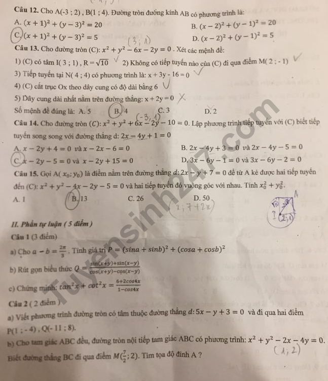 De thi hoc ki 2 lop 10 mon Toan 2018 - THPT Nhan Chinh