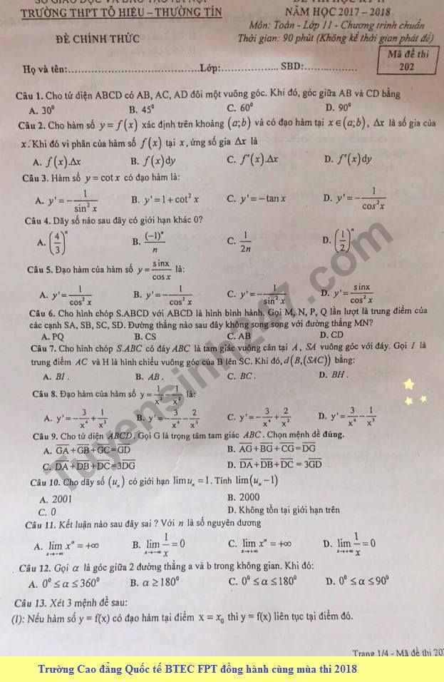 De thi hoc ki 2 mon Toan lop 11 - THPT To Hieu 2018