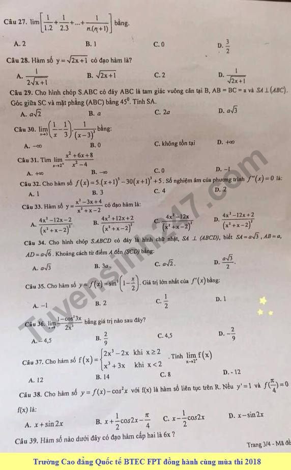 De thi hoc ki 2 mon Toan lop 11 - THPT To Hieu 2018