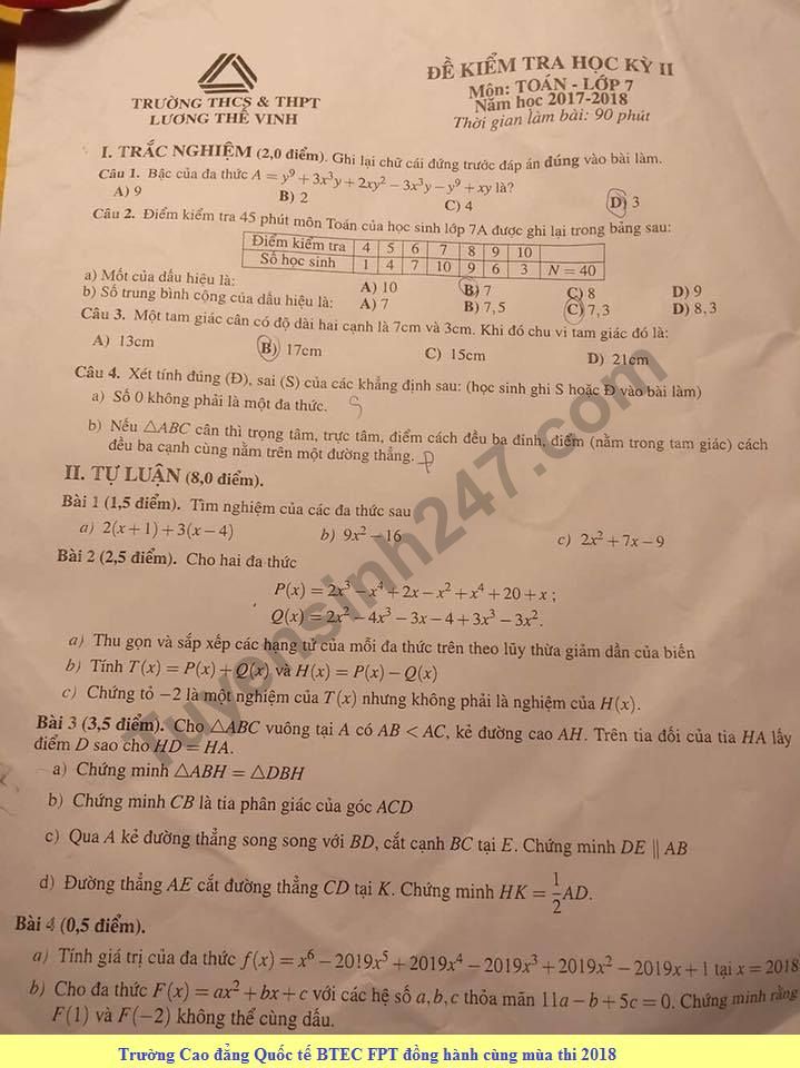 De thi hoc ki 2 lop 7 mon Toan - THCS&THPT Luong The Vinh 2018