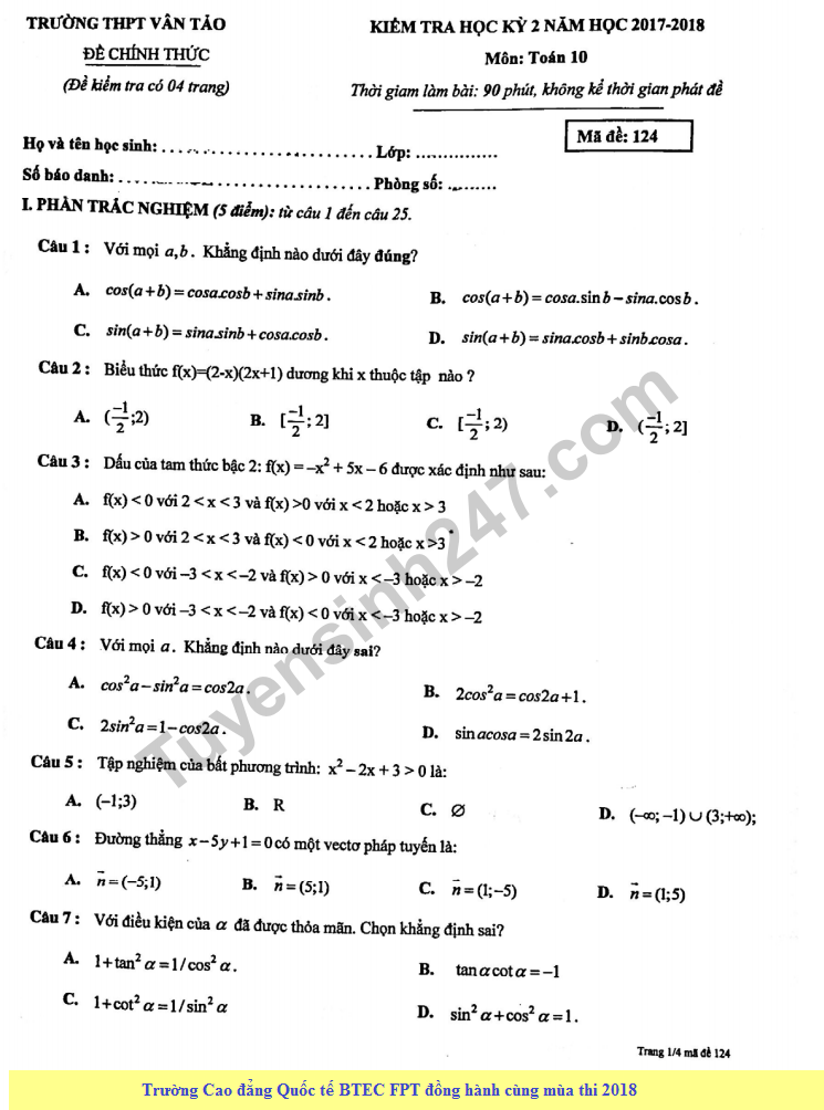 De kiem tra hoc ki 2 mon Toan lop 10 - THPT Van Tao