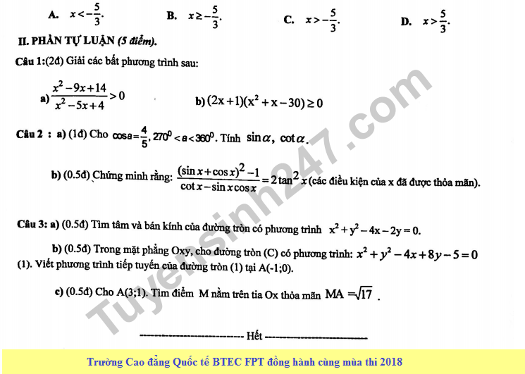 De kiem tra hoc ki 2 mon Toan lop 10 - THPT Van Tao