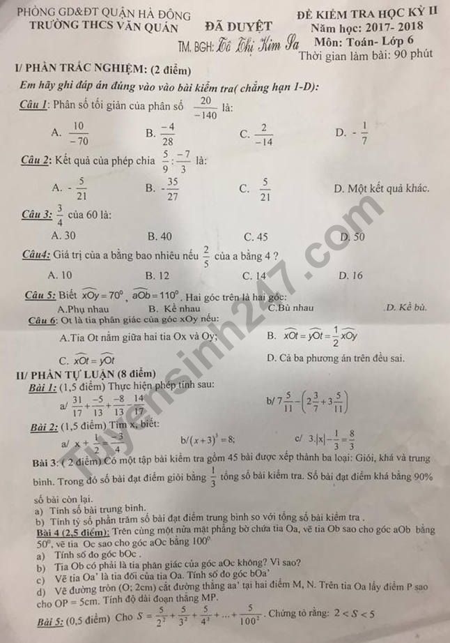 De thi ki 2 lop 6 mon Toan 2018 - THCS Van Quan