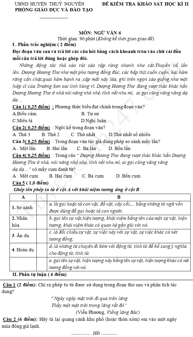 De thi hoc ki 2 mon Van lop 6 Phong GD Thuy Nguyen 2018