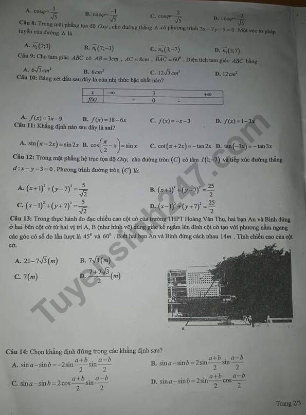 De thi ki 2 lop 10 mon Toan 2018 - THPT Hoang Van Thu