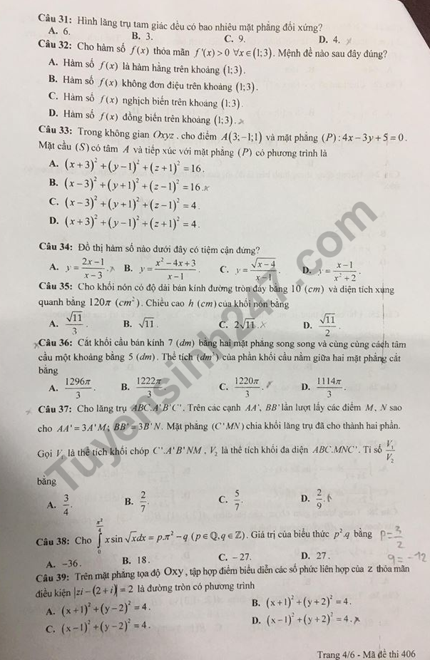 De thi ki 2 lop 12 mon Toan 2018 - THPT Phan Dinh Phung