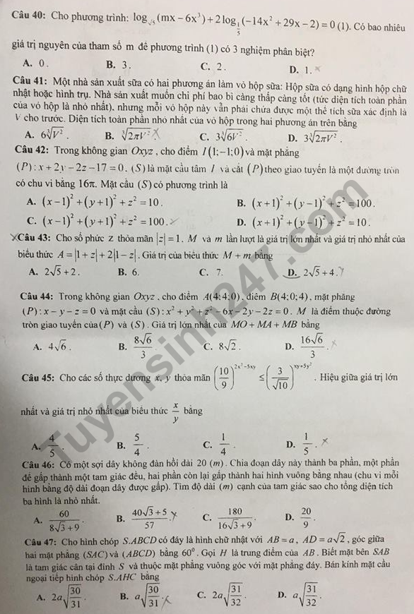 De thi ki 2 lop 12 mon Toan 2018 - THPT Phan Dinh Phung