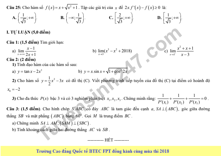 De thi hoc ki 2 mon Toan lop 11 - THPT Phan Chu Trinh 2018