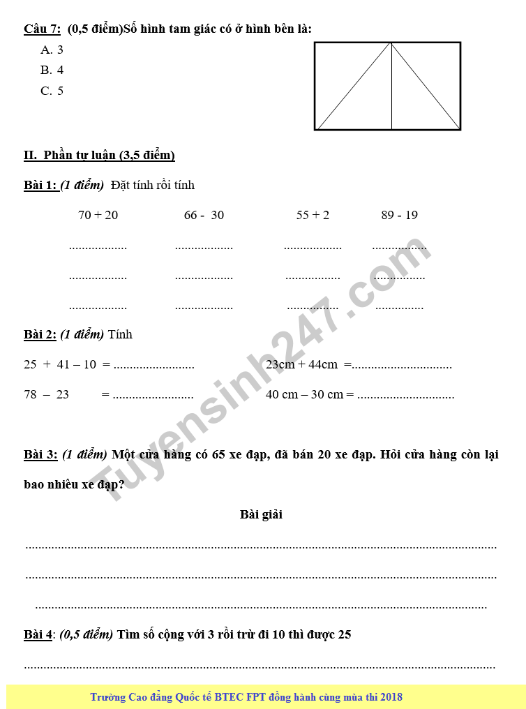 De thi hoc ki 2 mon Toan lop 1 - Truong Tieu hoc To Hien Thanh