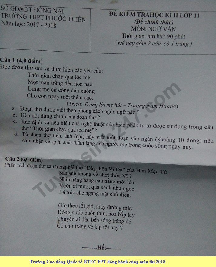 De thi hoc ki 2 lop 11 mon Van - THPT Phuoc Thien