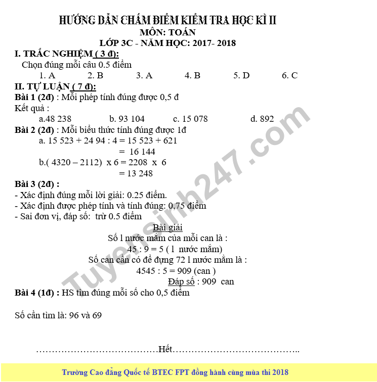 De thi hoc ki 2 lop 3 mon Toan - Tieu hoc Phan Boi Chau 2018