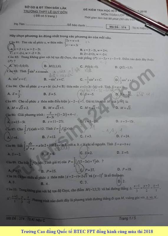 De thi hoc ki 2 mon Toan lop 12 - THPT Le Quy Don 2018