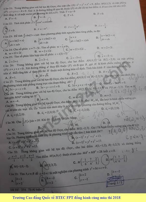 De thi hoc ki 2 mon Toan lop 12 - THPT Le Quy Don 2018