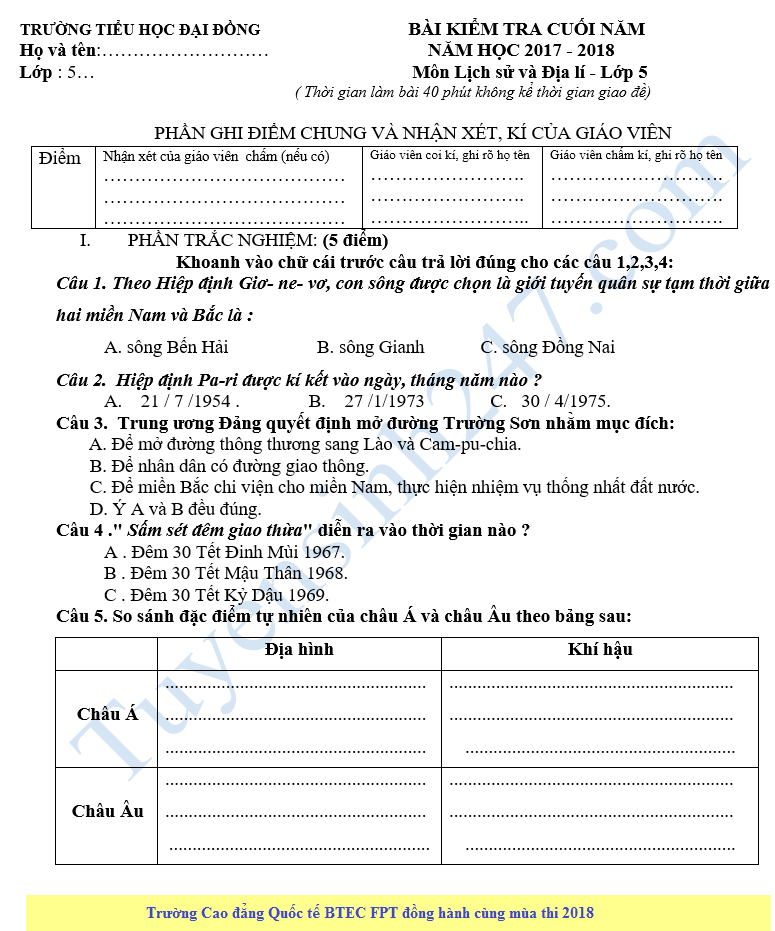 De kiem tra hoc ki 2 lop 5 mon Su va Dia - Tieu hoc Dai Dong 2018
