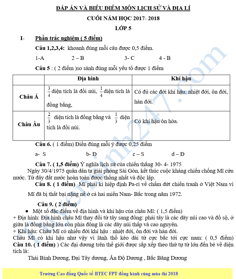 De kiem tra hoc ki 2 lop 5 mon Su va Dia - Tieu hoc Dai Dong 2018