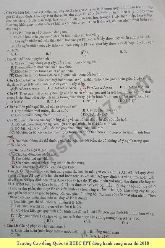 De thi thu THPT QG mon Sinh lan 1 nam 2018 - THPT Chuyen Cao Bang