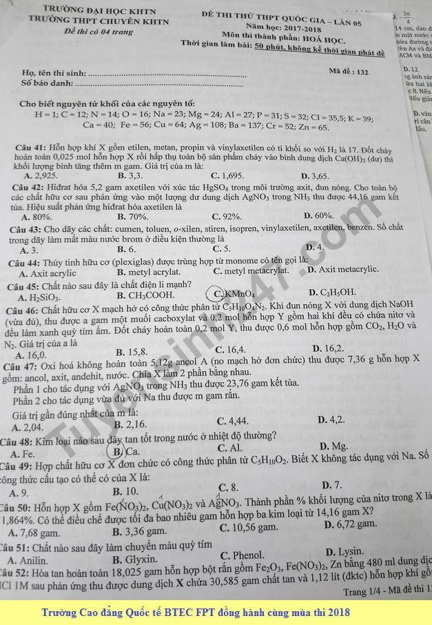 De thi thu THPT QG mon Hoa lan 3 nam 2018 - THPT Chuyen KHTN