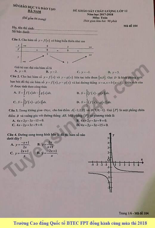De kiem tra hoc ki 2 lop 12 mon Toan - So GD&DT Ha Nam 2018