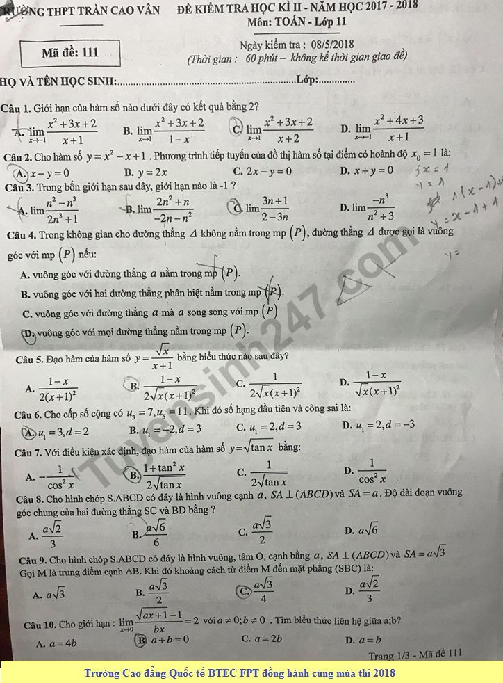 De kiem tra hoc ki 2 lop 11 mon Toan - THPT Tran Cao Van 2018