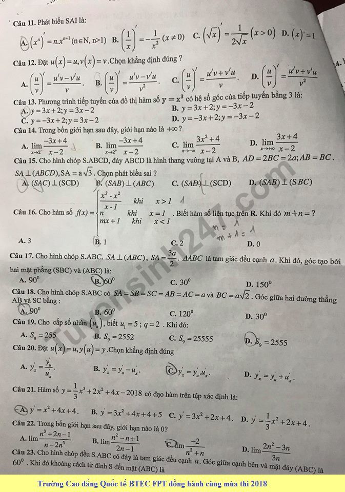 De kiem tra hoc ki 2 lop 11 mon Toan - THPT Tran Cao Van 2018