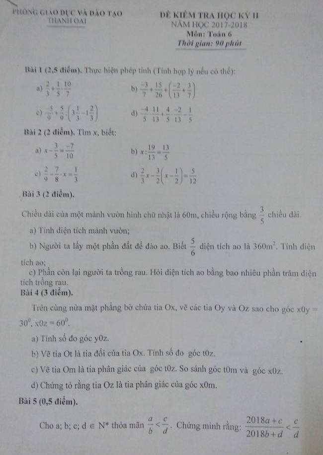 De thi ki 2 lop 6 mon Toan 2018 - Thanh Oai