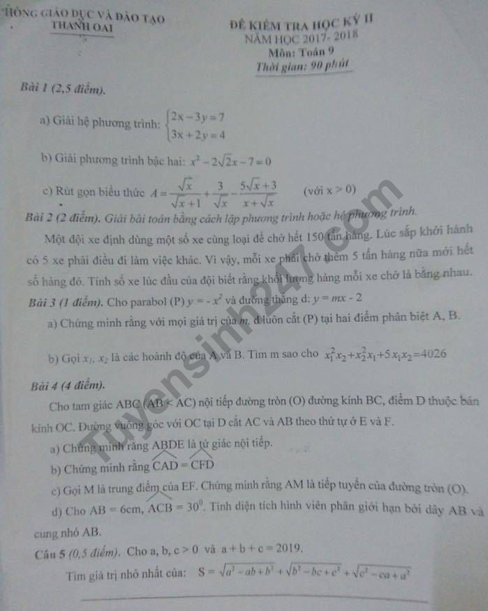 De thi ki 2 lop 9 mon Toan 2018 - Thanh Oai