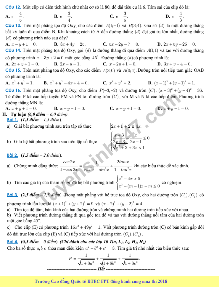 De kiem tra hoc ki 2 lop 10 mon Toan - THPT chuyen Amsterdam 2018
