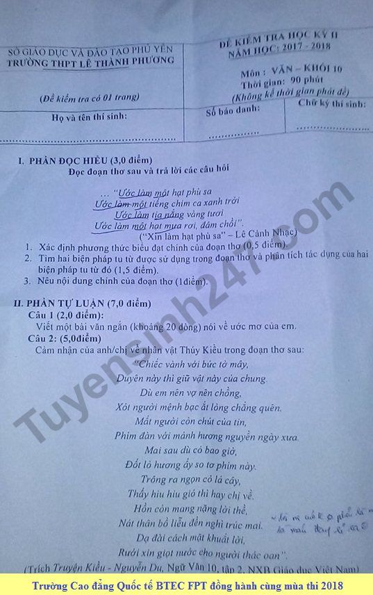 De kiem tra hoc ki 2 lop 10 mon Van - THPT Le Thanh Phuong 2018
