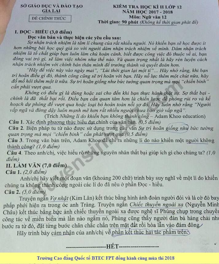 De kiem tra hoc ki 2 lop 12 mon Van - So GD&DT Gia Lai 2018