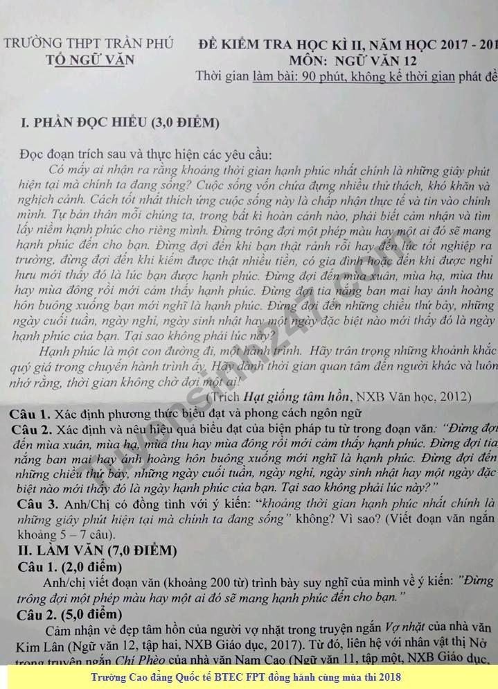 De thi hoc ki 2 lop 12 mon Van - THPT Tan Phu nam 2018