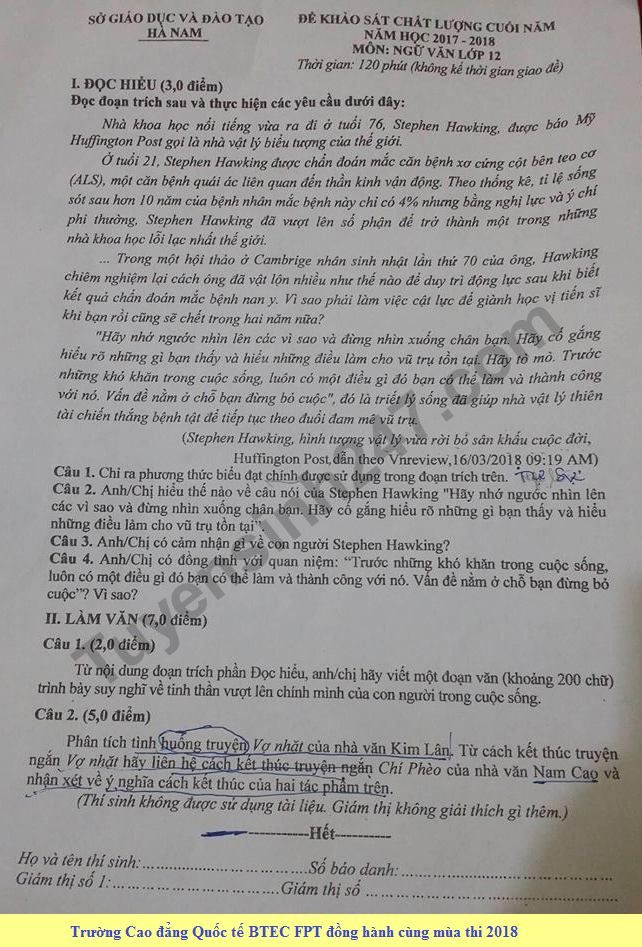 De kiem tra hoc ki 2 lop 12 mon Van - So GD&DT Ha Nam 2018