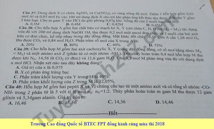 De thi hoc ki 2 lop 12 mon Hoa - THPT Tran Thanh Tong nam 2018