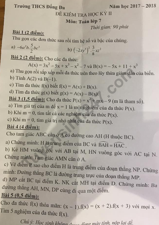 De thi hoc ki 2 lop 7 mon Toan 2018 -  Dong Da