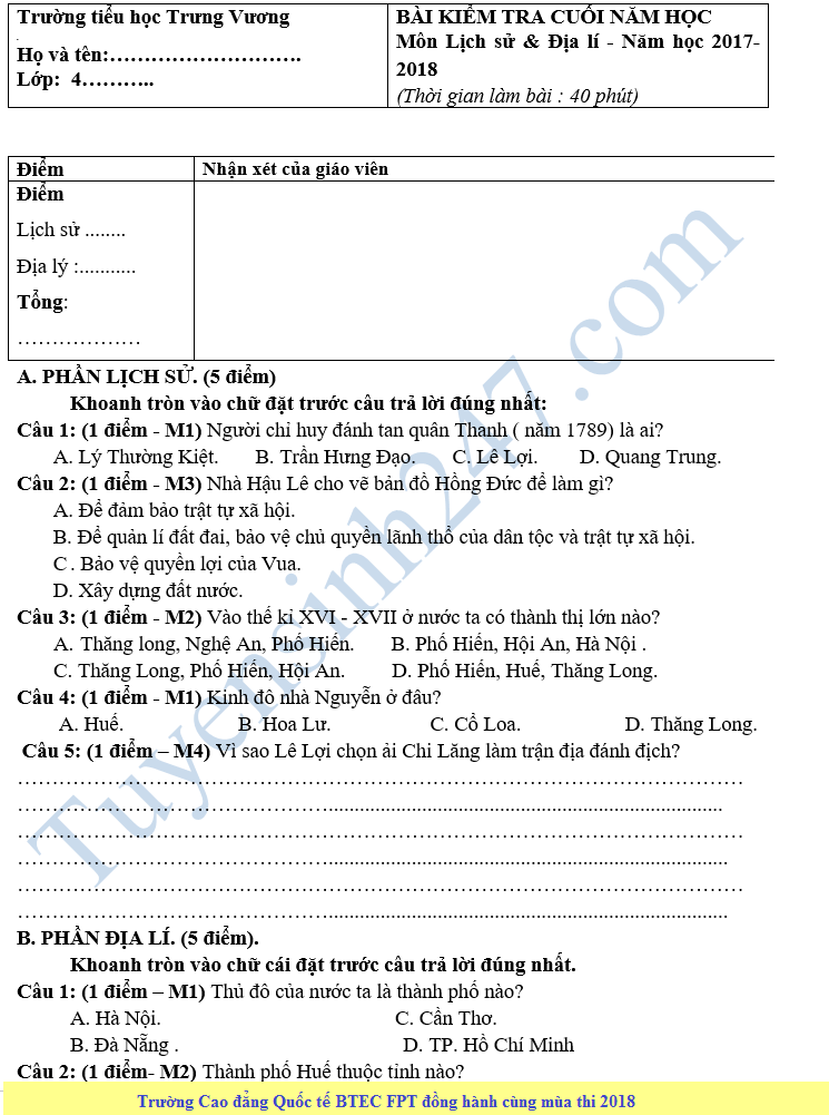 De thi hoc ki 2 lop 4 mon Su Dia - Tieu hoc Trung Vuong 2018