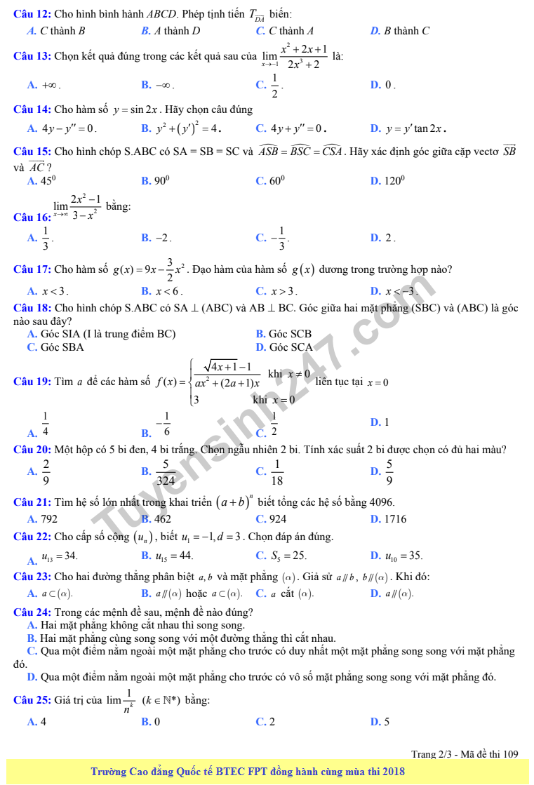 De kiem tra hoc ki 2 lop 11 mon Toan - THPT Nhu Van Lan 2018