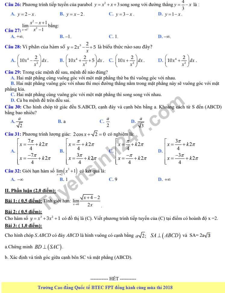 De kiem tra hoc ki 2 lop 11 mon Toan - THPT Nhu Van Lan 2018