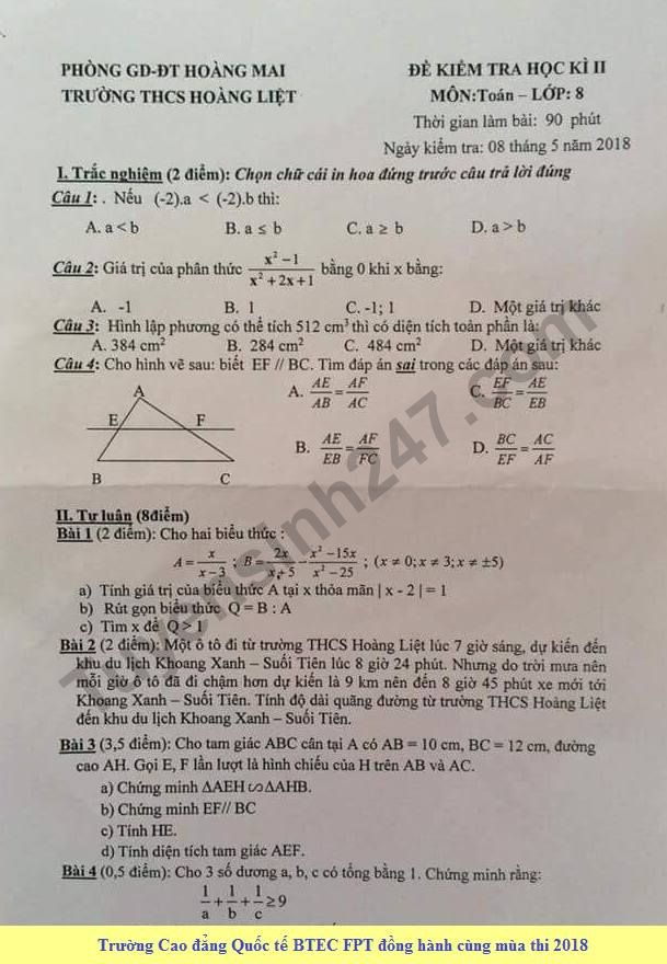 De thi hoc ki 2 lop 8 mon Toan - THCS Hoang Liet nam 2018