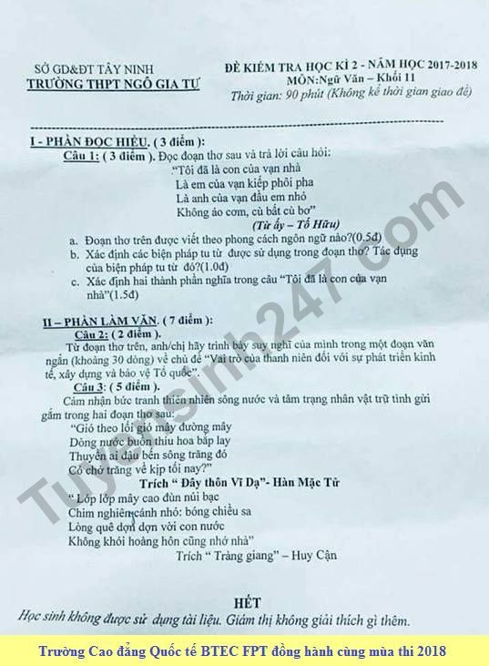 De thi hoc ki 2 lop 11 mon Van - THPT Ngo Gia Tu nam 2018