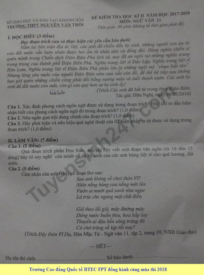 De kiem tra hoc ki 2 lop 11 mon Van - THPT Nguyen Van Troi 2018