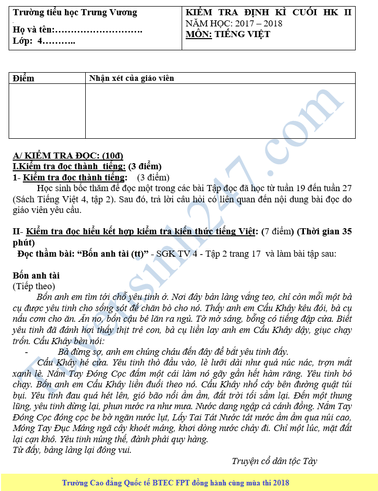De thi hoc ki 2 lop 4 mon Tieng Viet - Tieu hoc Trung Vuong 2018