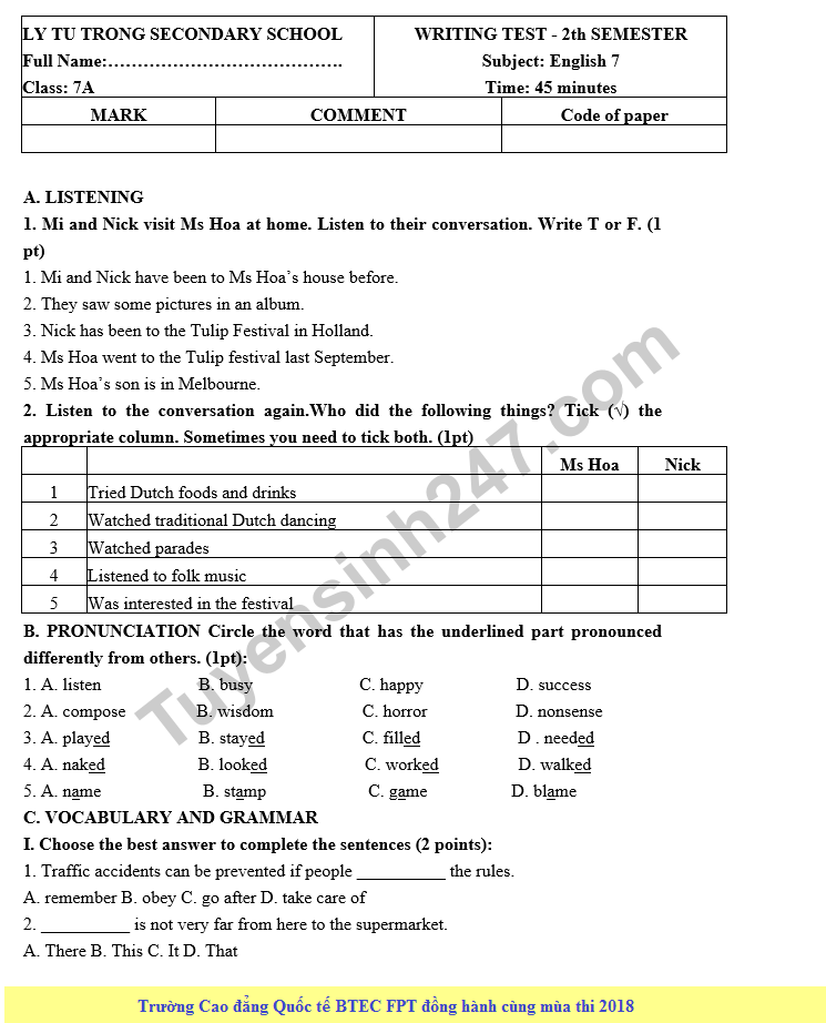 De kiem tra hoc ki 2 lop 7 mon Anh - THCS Ly Tu Trong 2018