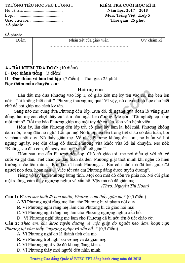 De thi hoc ki 2 lop 5 mon Tieng Viet - Tieu hoc Phu Luong 1 nam 2018