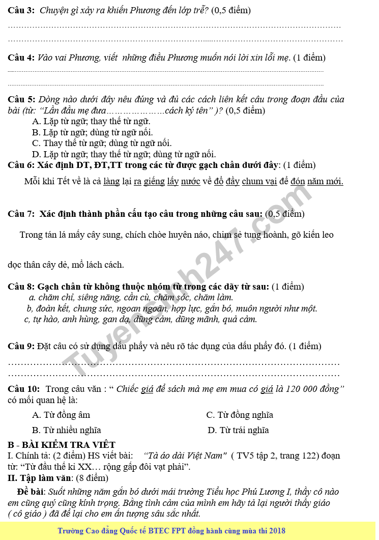 De thi hoc ki 2 lop 5 mon Tieng Viet - Tieu hoc Phu Luong 1 nam 2018