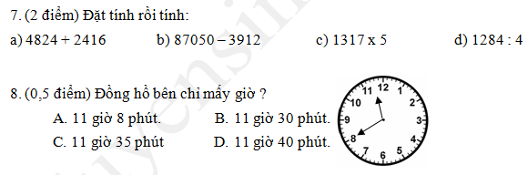 De thi ki 2 lop 3 mon Toan 2018 - TH Hoa Hung 3